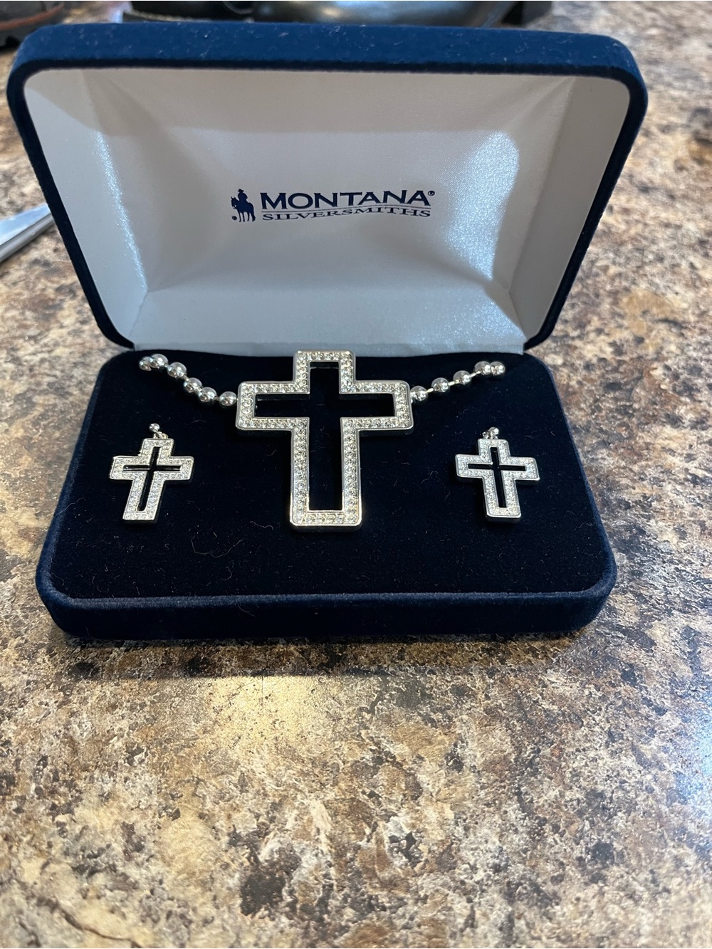 Montana Silversmiths Silver Cross Necklace and Earring Set with Crystal Accents